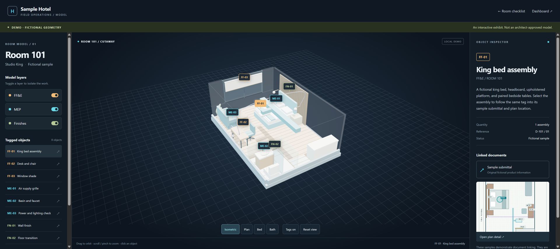 Interactive sample room model with tagged objects, discipline layers and a linked reference panel